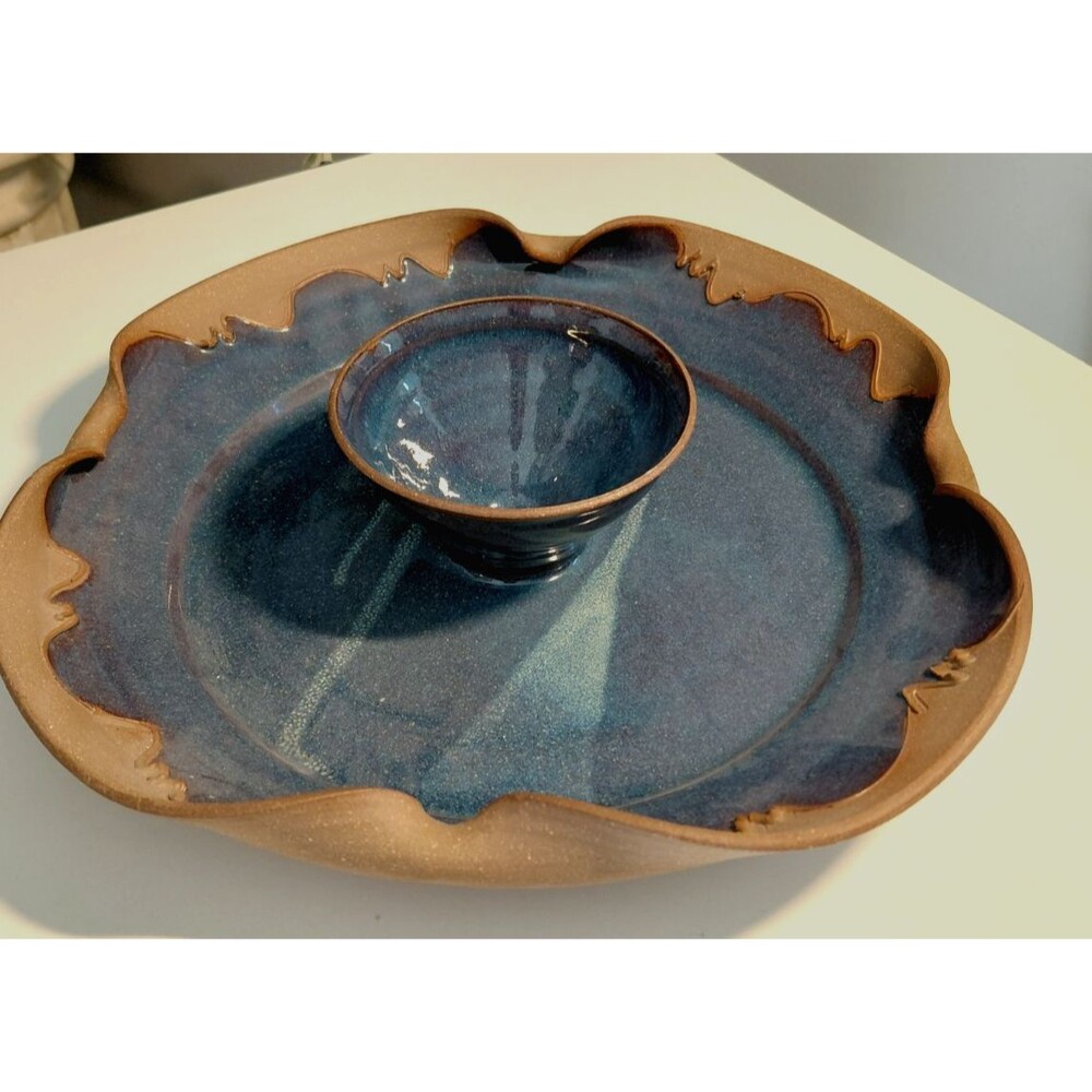 Unique 1994 Hand Thrown Pottery Chip & Dip Bowl-Signed-Unique Rim & High Quality